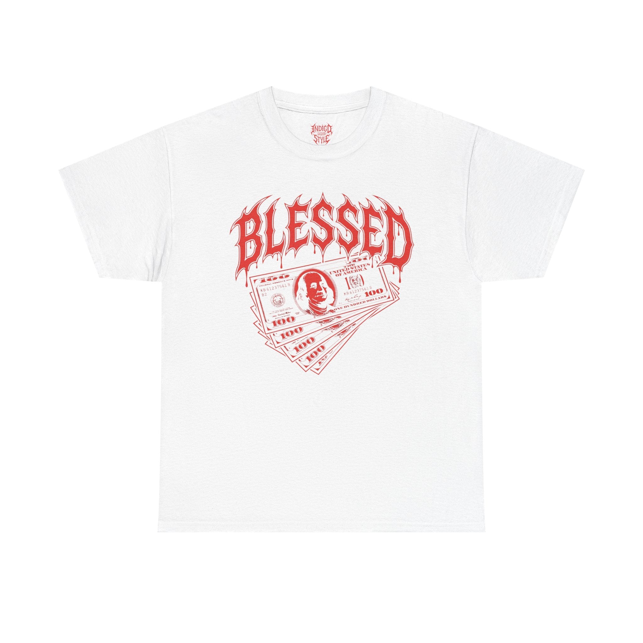 Blessed Money Graphic Tee — Red Gothic "BLESSED" Dollar Design