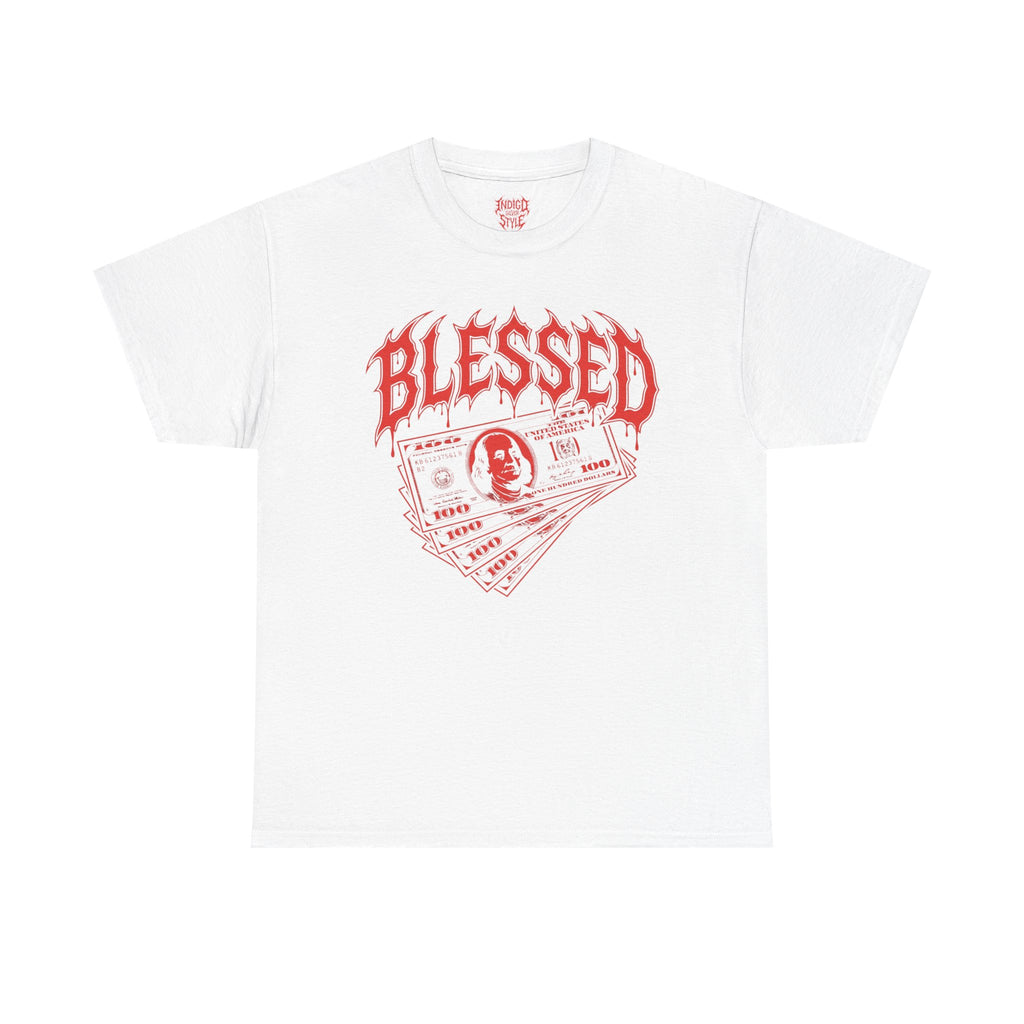 Blessed Money Graphic Tee — Red Gothic "BLESSED" Dollar Design
