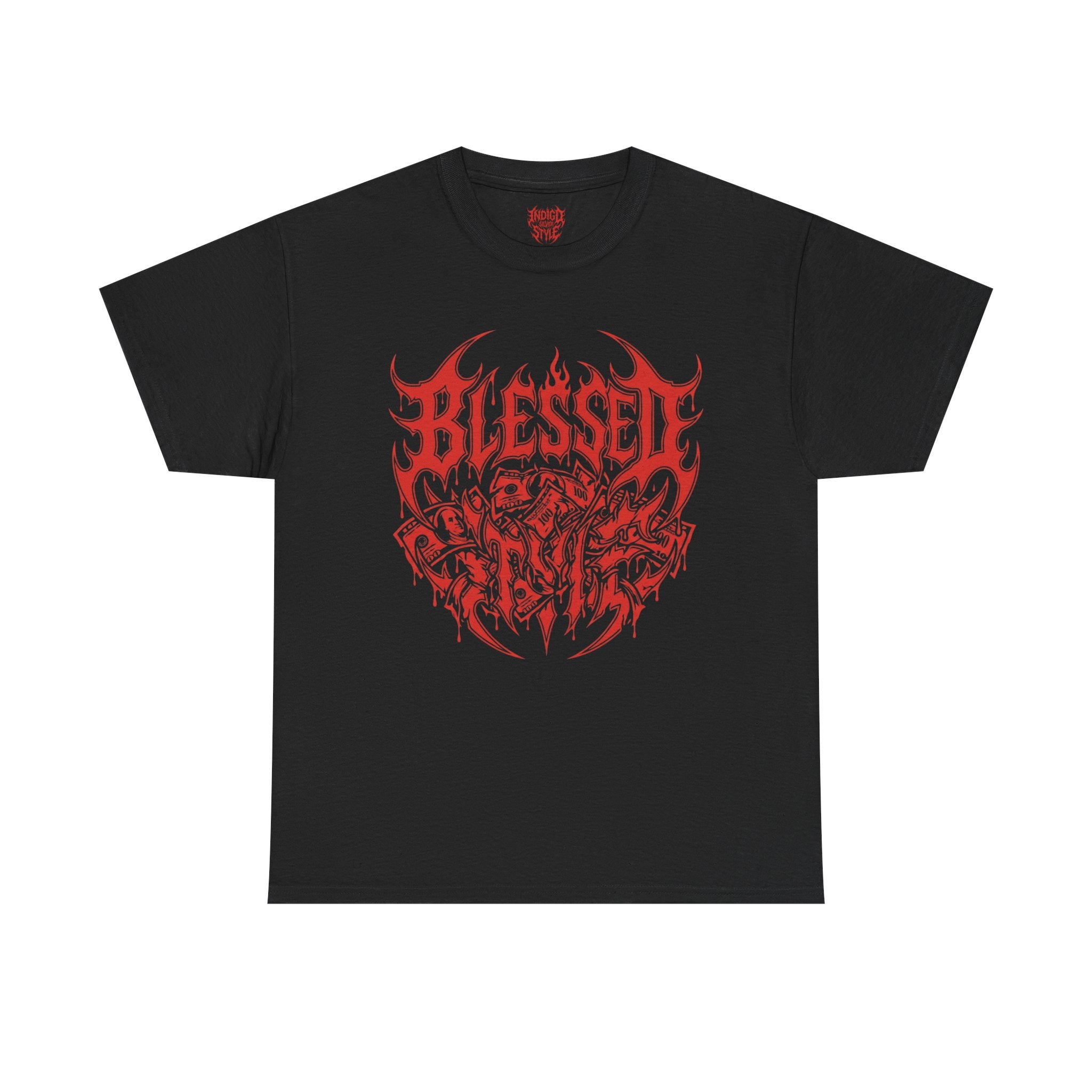 Blessed Skull Graphic Tee — Red Gothic Metal Band Shirt