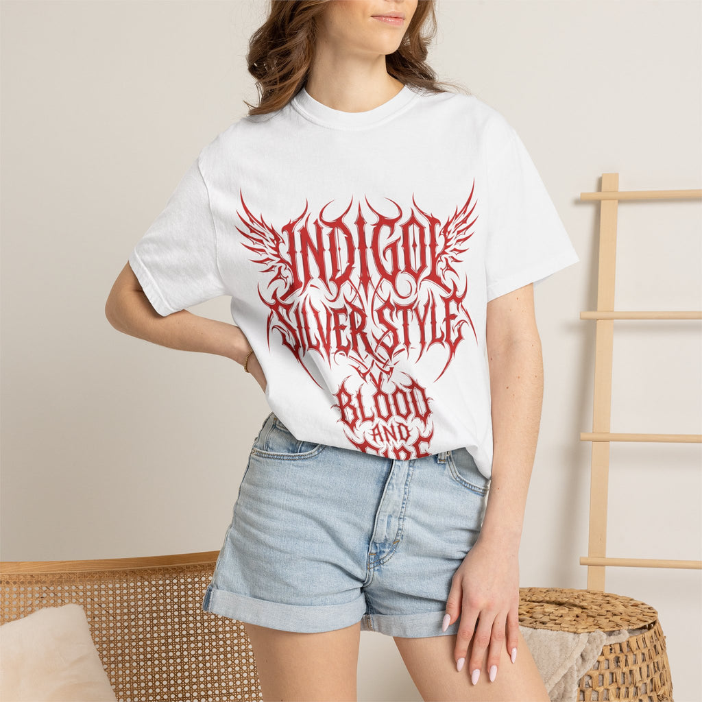 Unisex Blood and Fire Graphic T-Shirt - Stylish Indigo Design