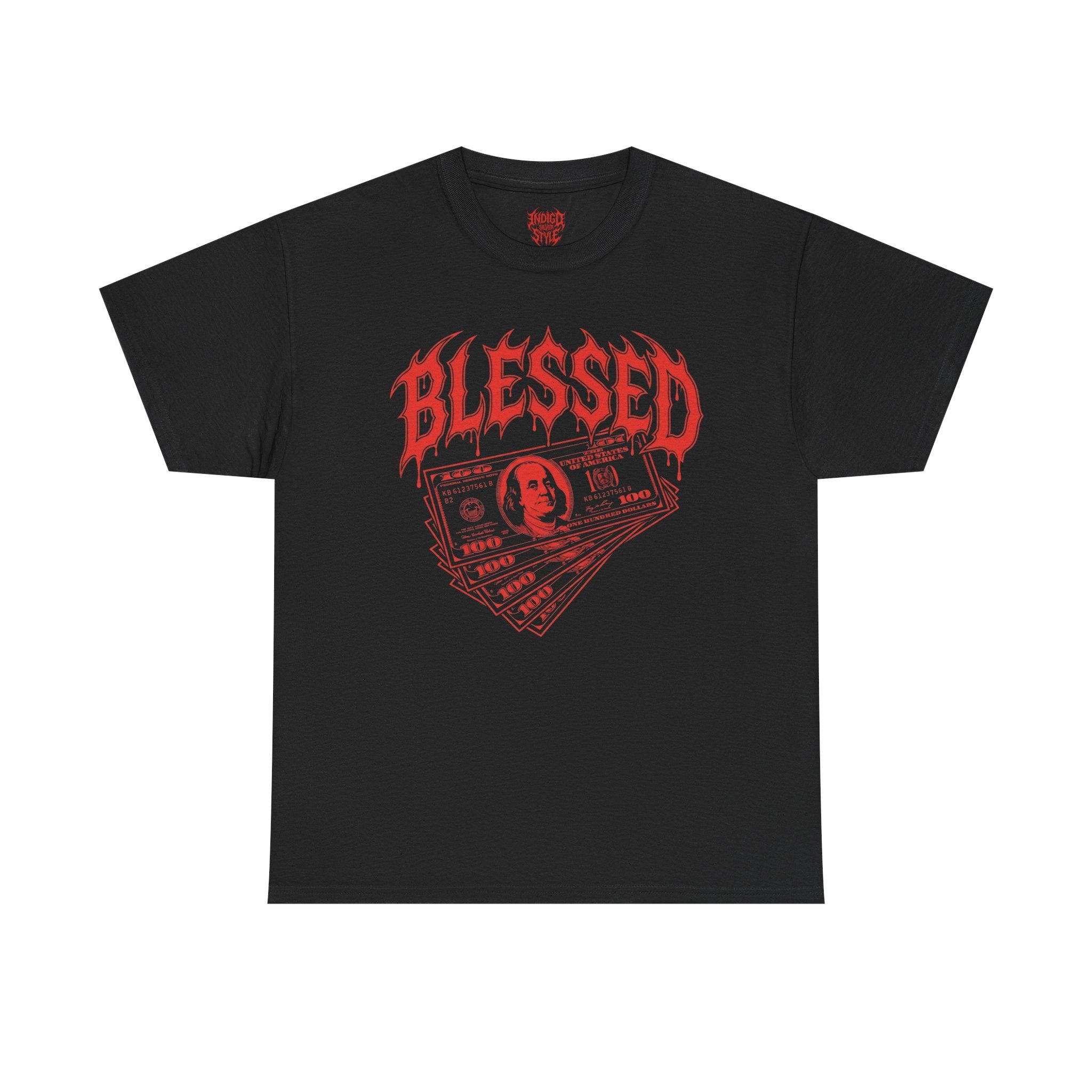 Blessed Money Graphic Tee — Red Gothic "BLESSED" Dollar Design