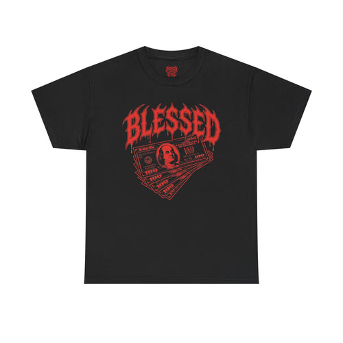 Blessed Money Graphic Tee — Red Gothic "BLESSED" Dollar Design