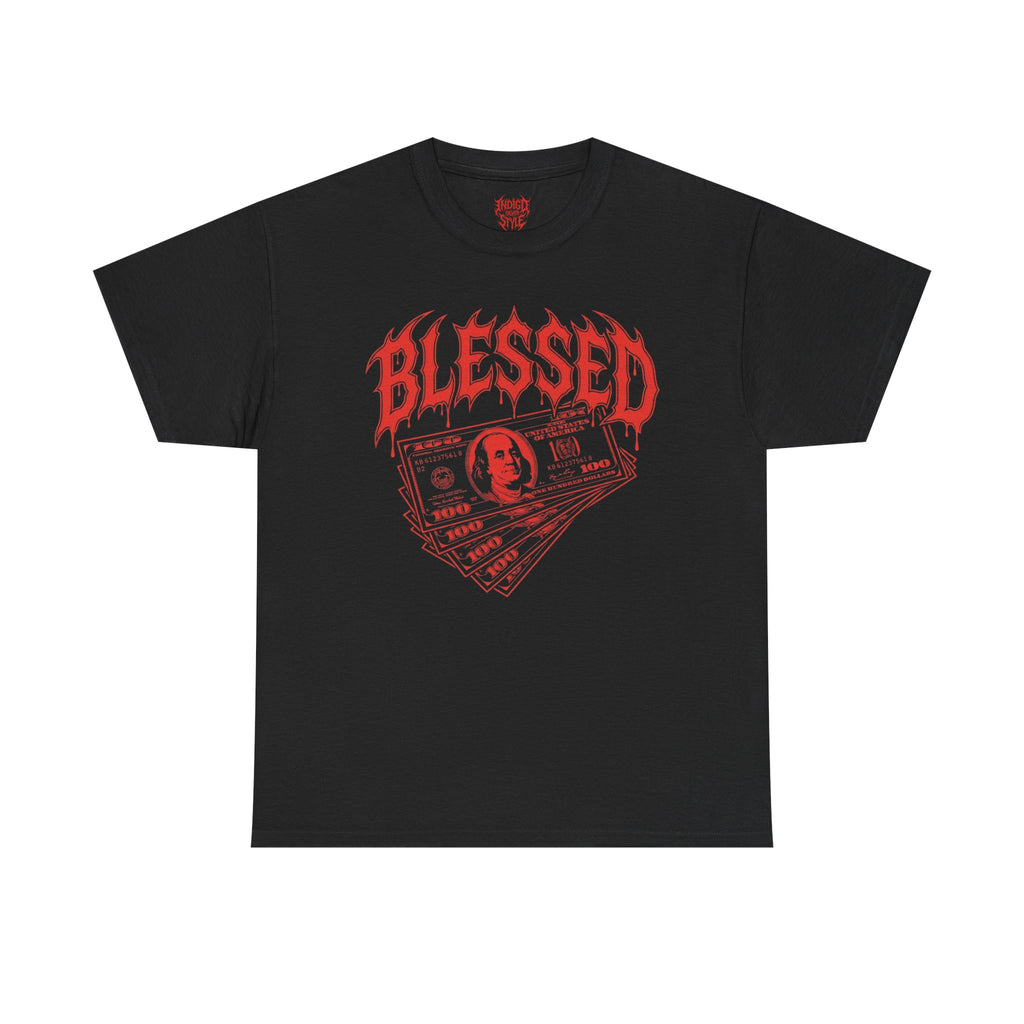 Blessed Money Graphic Tee — Red Gothic "BLESSED" Dollar Design