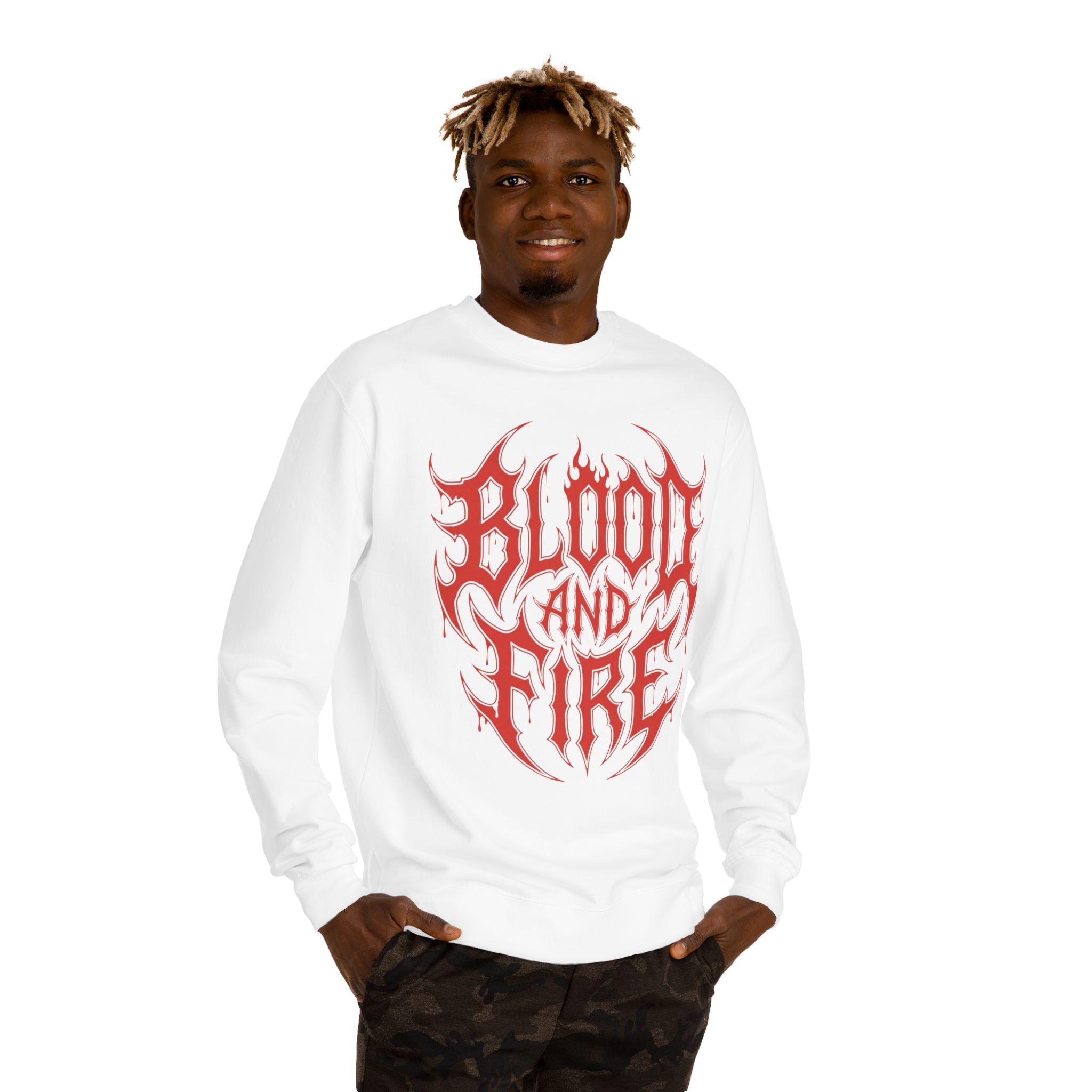 Blood and Fire Graphic Sweatshirt — Red Flame Tribal Logo Crewneck