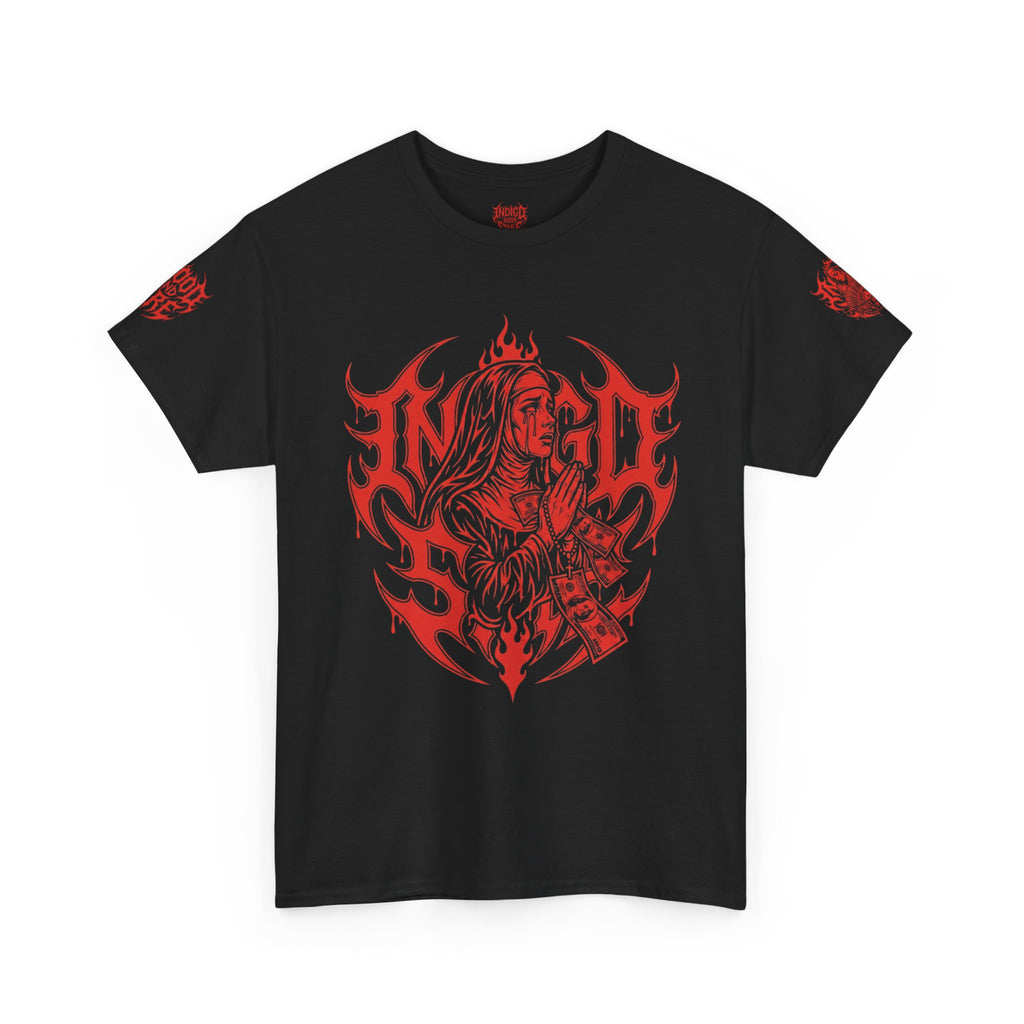 Blood and Fire Graphic Tee — Red Flame Skull Band Shirt