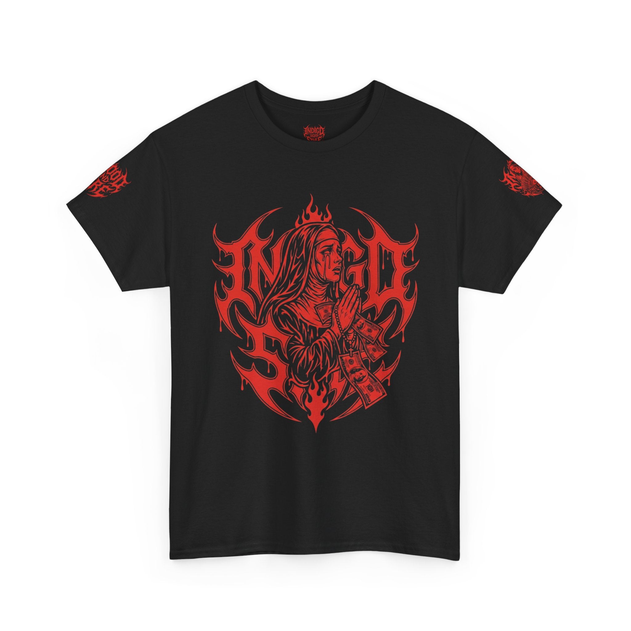 Blood and Fire Graphic Tee — Red Flame Skull Band Shirt