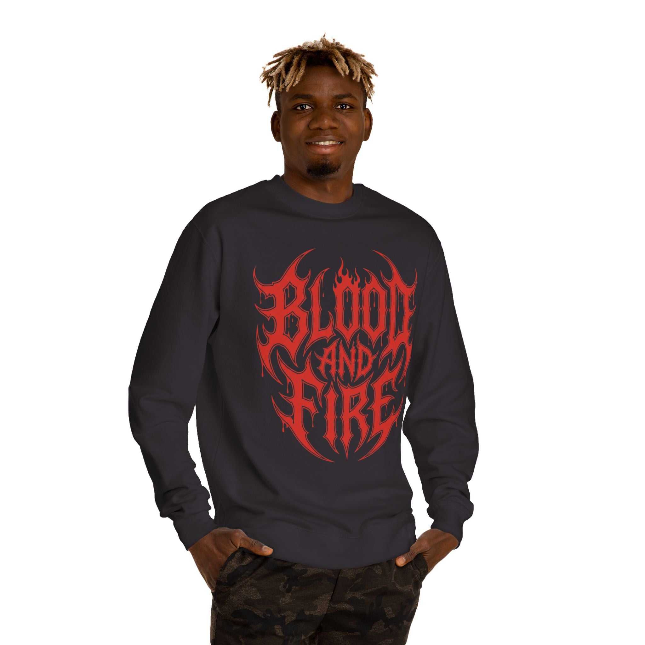 Blood and Fire Graphic Sweatshirt — Red Flame Tribal Logo Crewneck