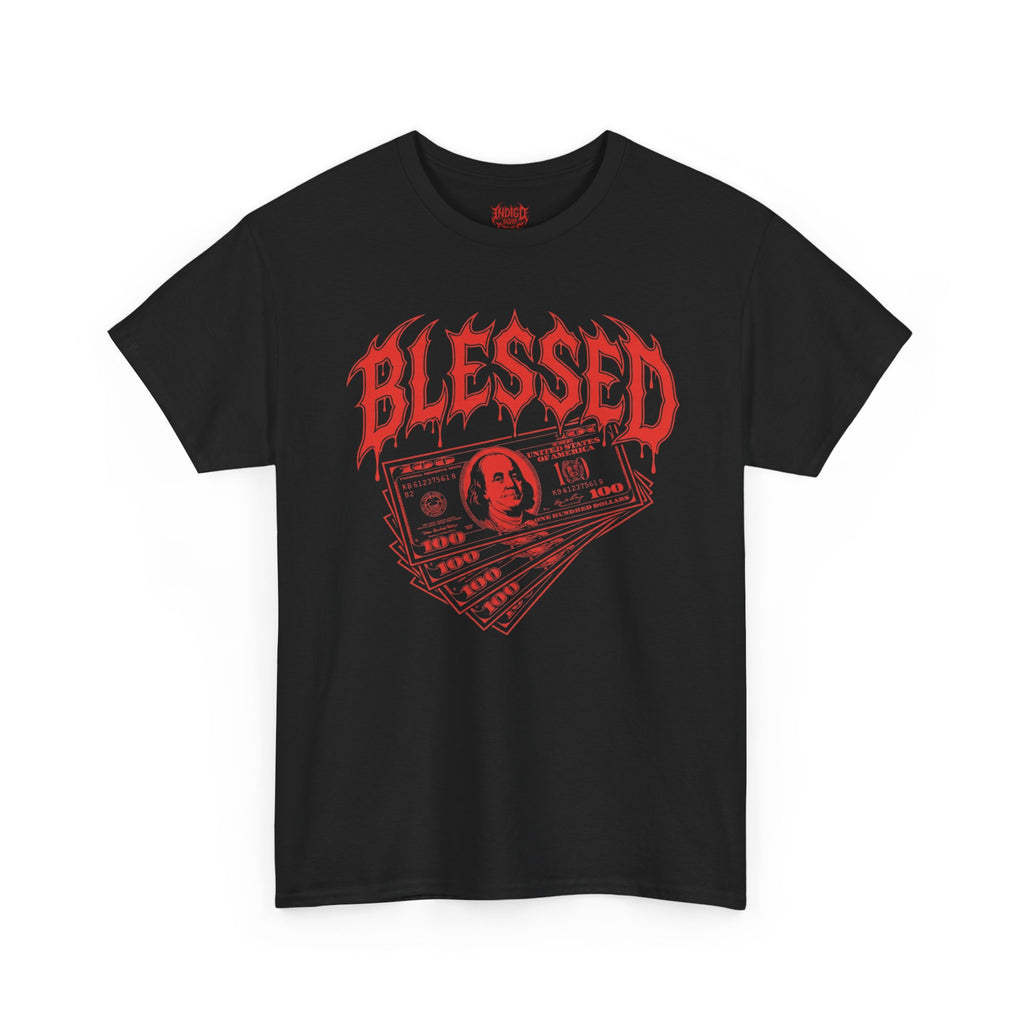 Blessed Money Graphic Tee — Red Gothic "BLESSED" Dollar Design