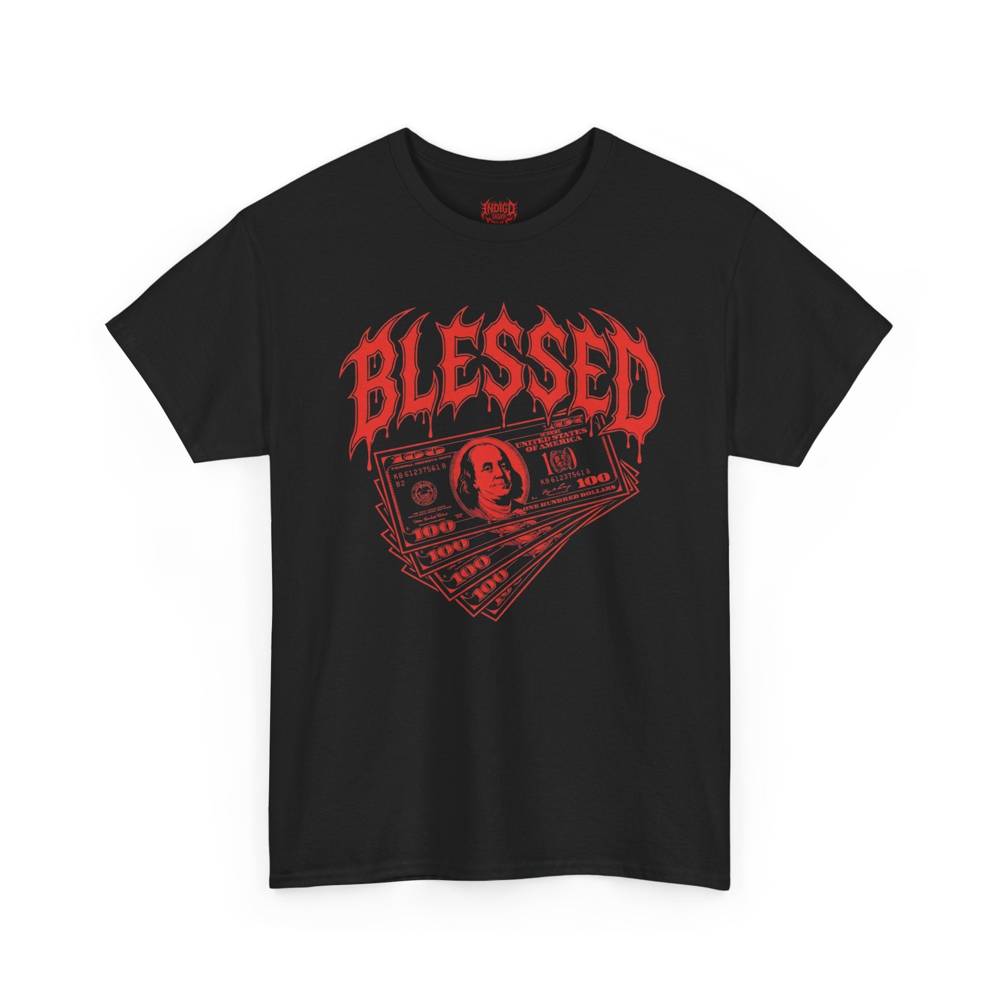 Blessed Money Graphic Tee — Red Gothic "BLESSED" Dollar Design