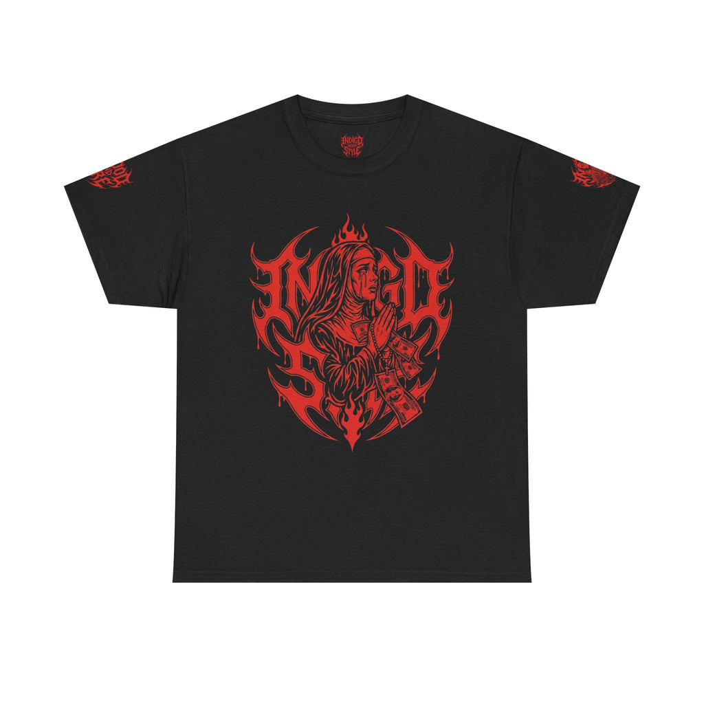 Blood and Fire Graphic Tee — Red Flame Skull Band Shirt