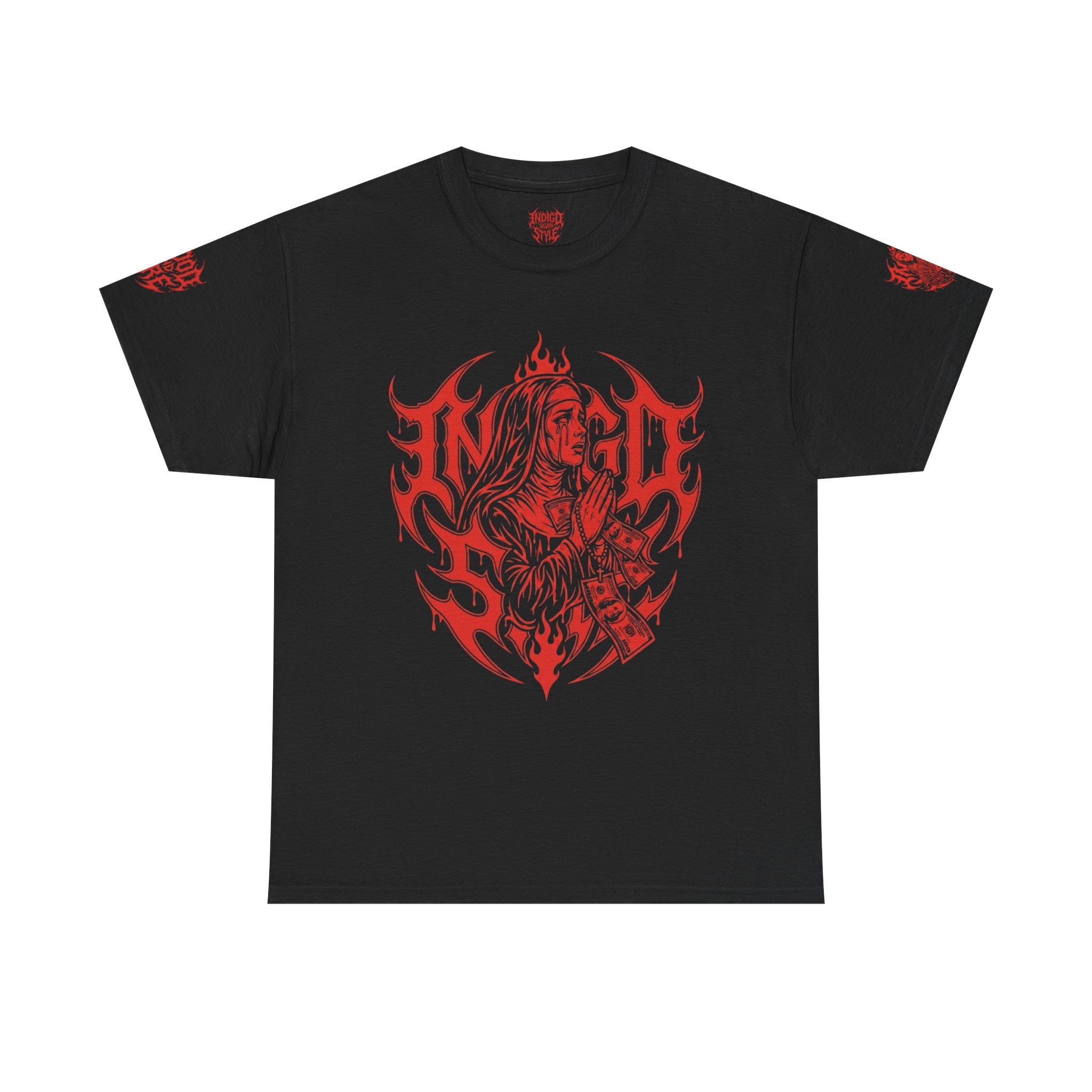 Blood and Fire Graphic Tee — Red Flame Skull Band Shirt