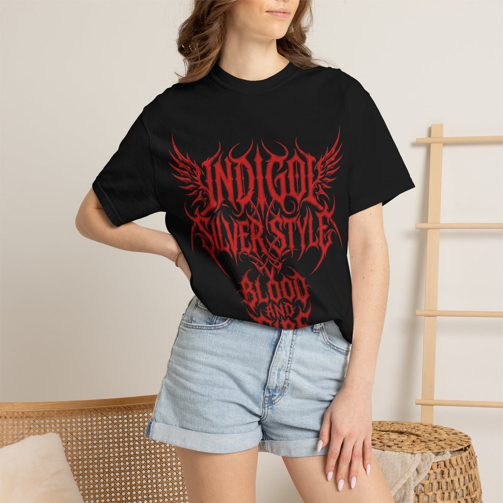 Unisex Blood and Fire Graphic T-Shirt - Stylish Indigo Design