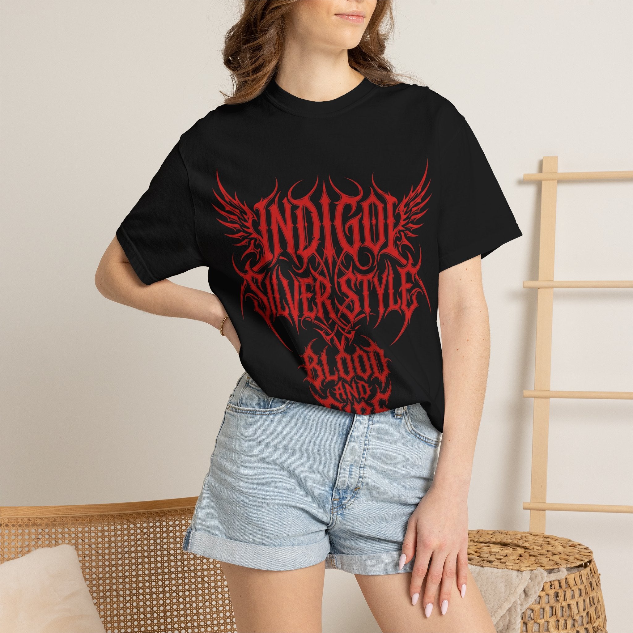 Unisex Blood and Fire Graphic T-Shirt - Stylish Indigo Design