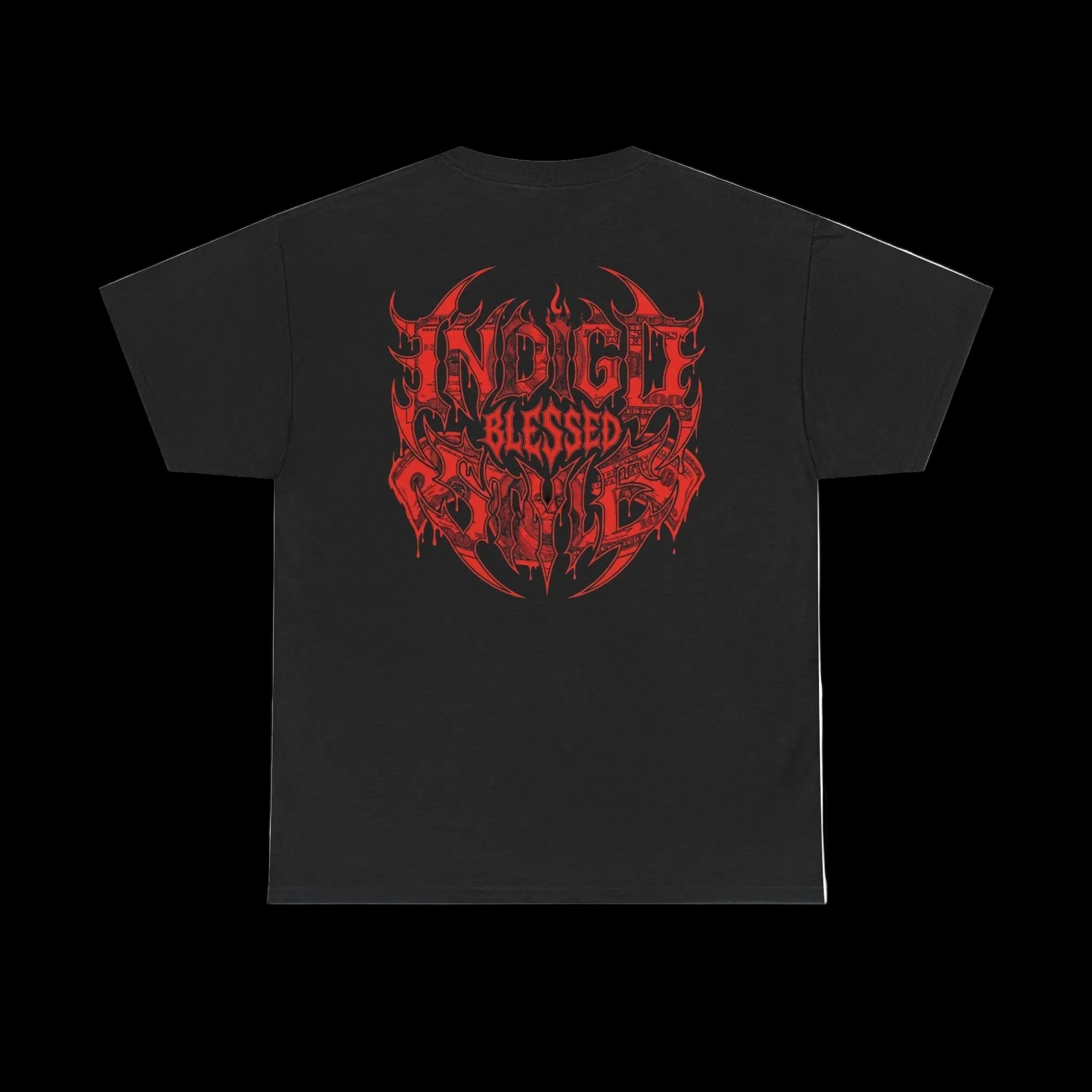 Blessed Money Graphic Tee — Red Gothic "BLESSED" Dollar Design