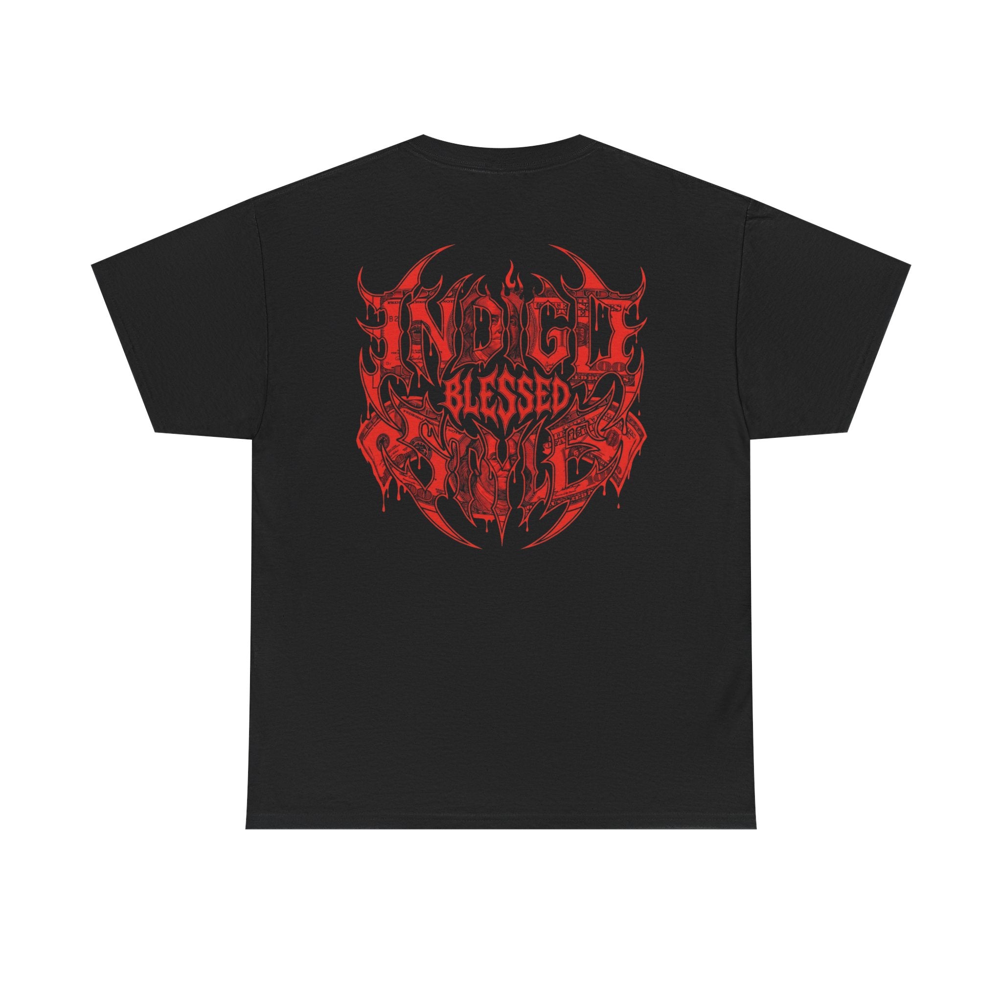 Blessed Money Graphic Tee — Red Gothic "BLESSED" Dollar Design