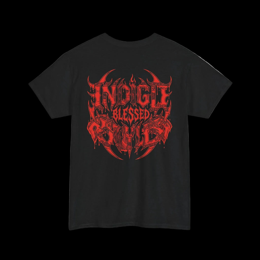 Blessed Money Graphic Tee — Red Gothic "BLESSED" Dollar Design