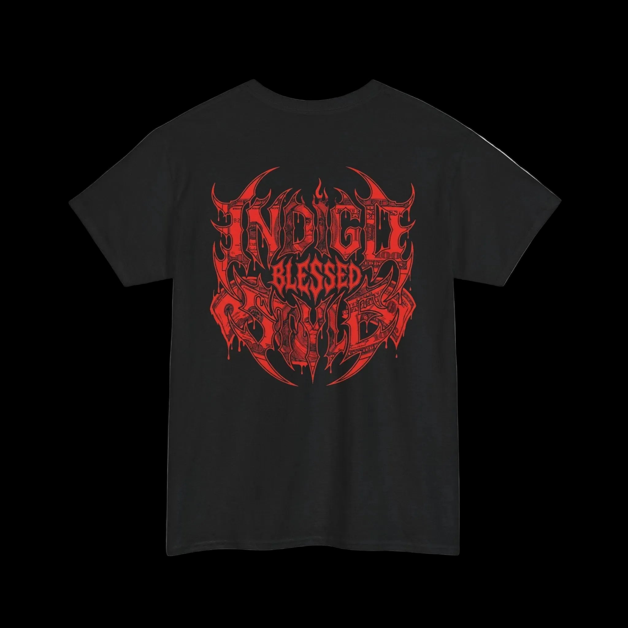 Blessed Money Graphic Tee — Red Gothic "BLESSED" Dollar Design