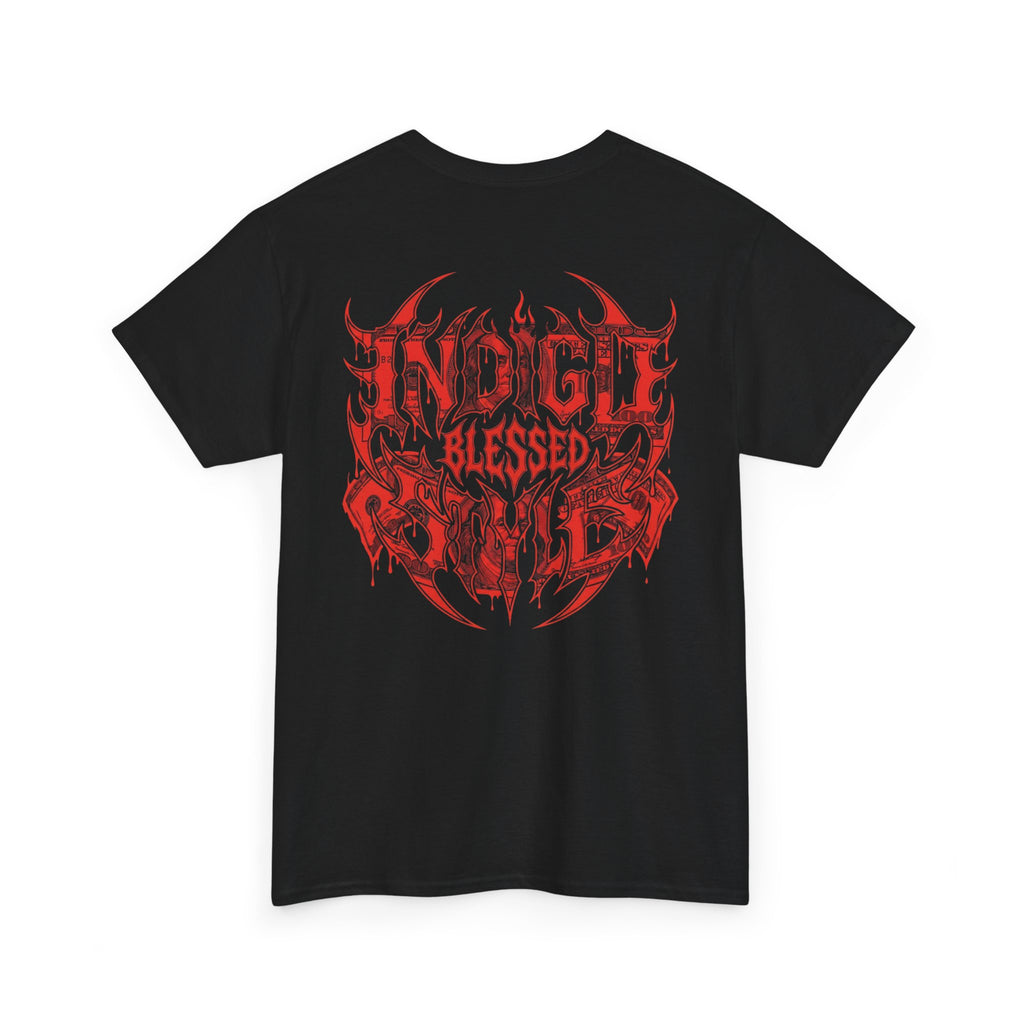 Blessed Money Graphic Tee — Red Gothic "BLESSED" Dollar Design
