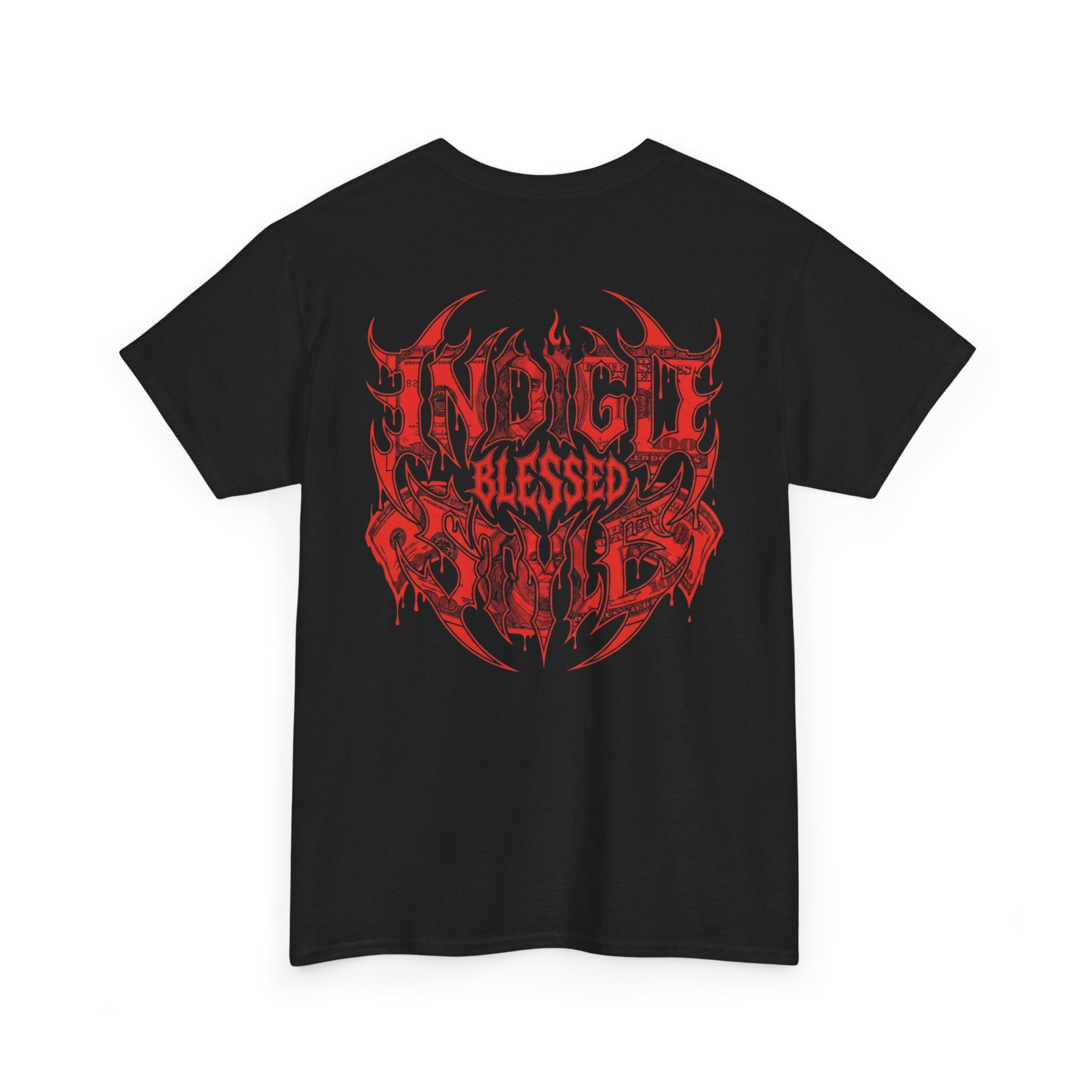 Blessed Money Graphic Tee — Red Gothic "BLESSED" Dollar Design