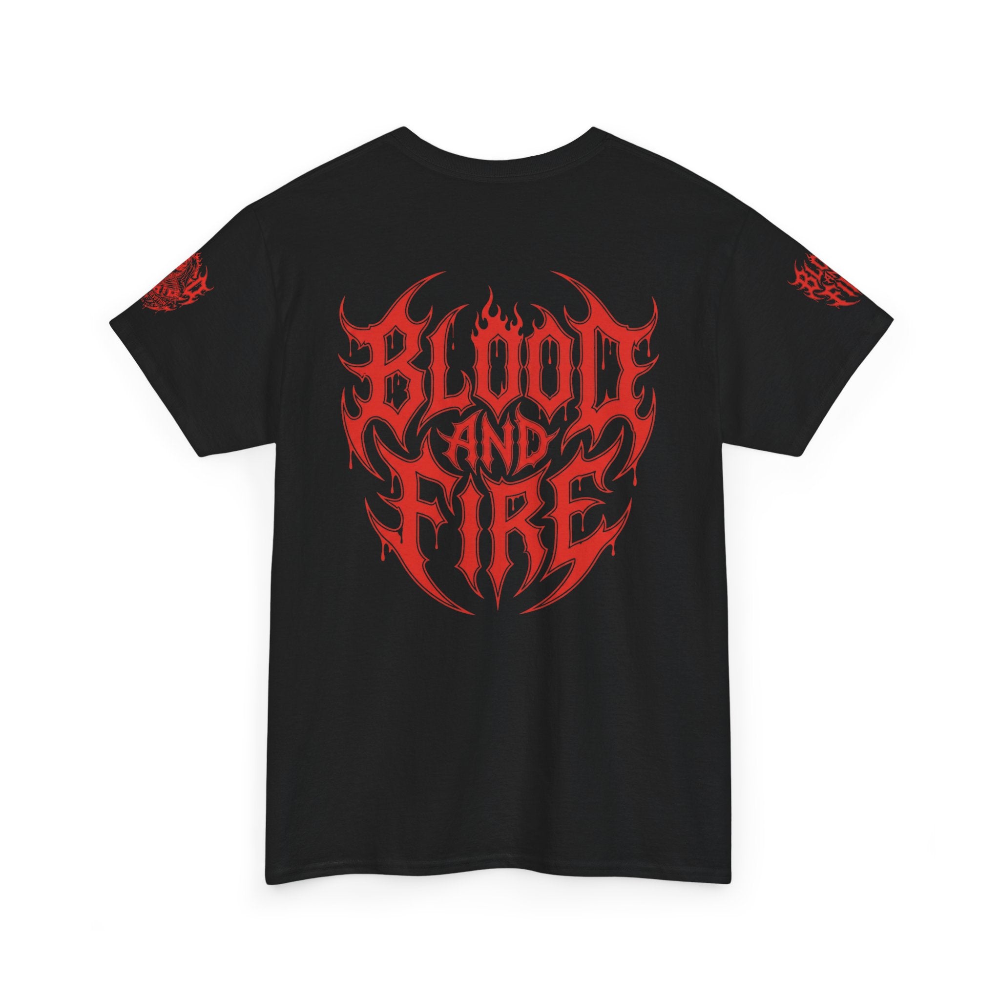 Blood and Fire Graphic Tee — Red Flame Skull Band Shirt