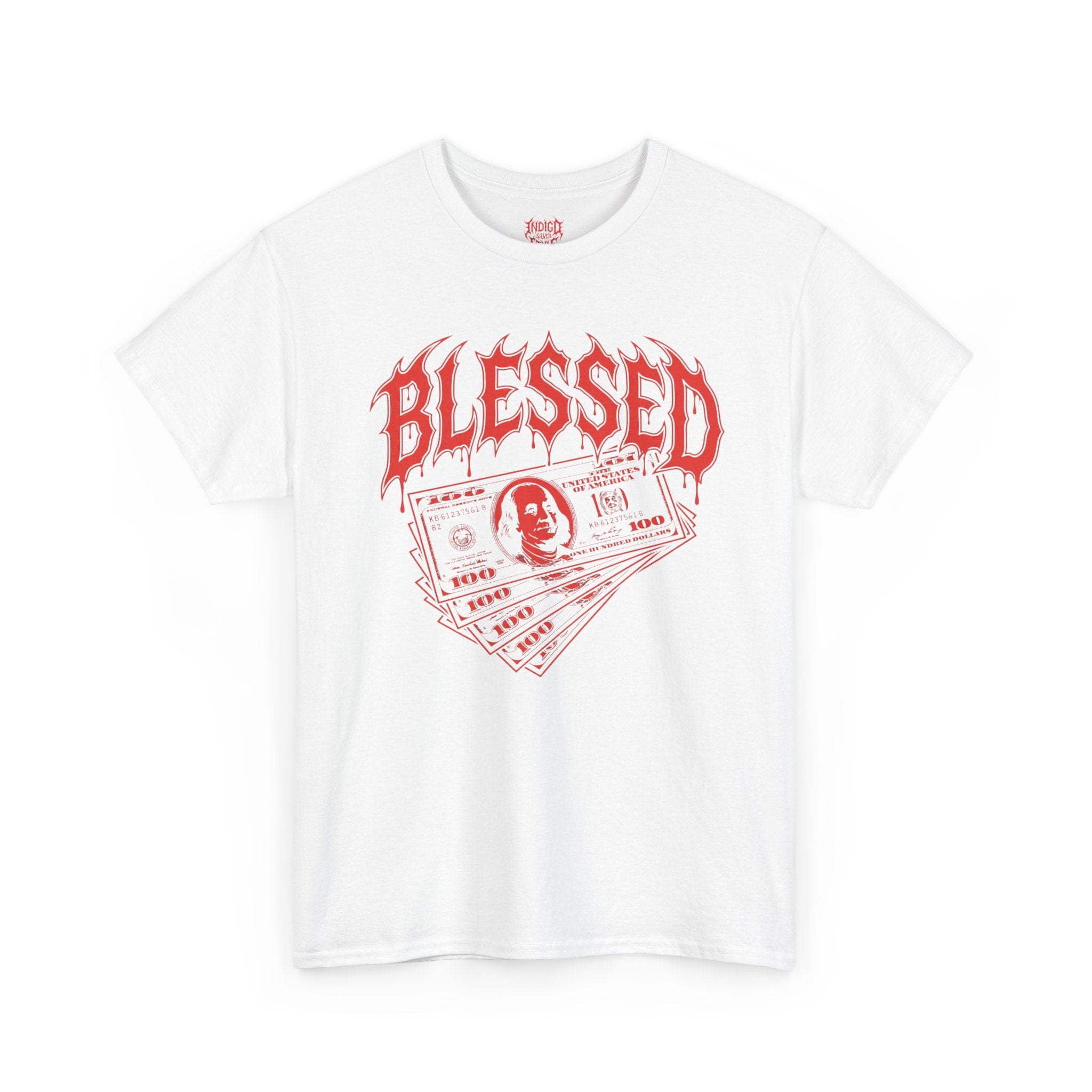 Blessed Money Graphic Tee — Red Gothic "BLESSED" Dollar Design