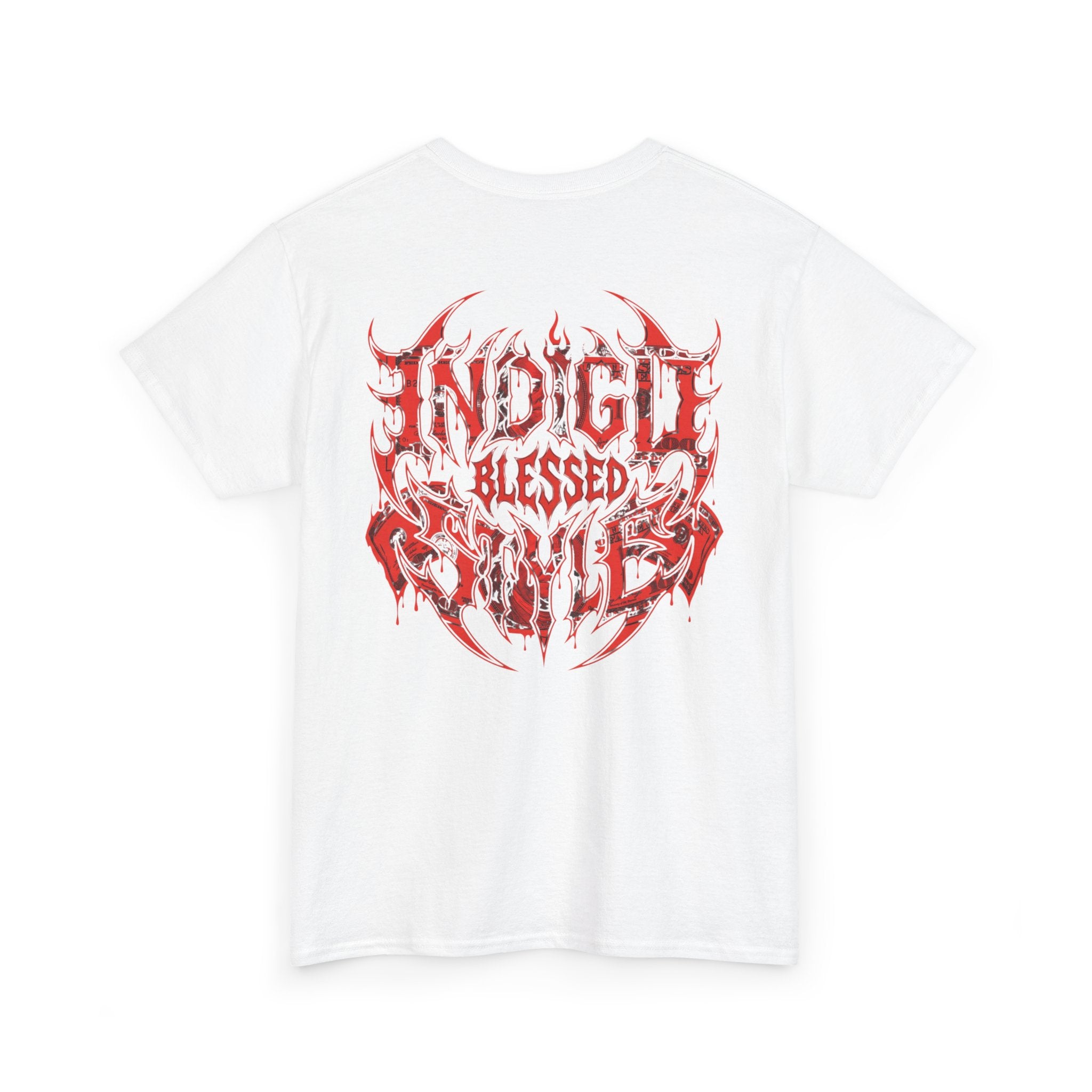 Blessed Money Graphic Tee — Red Gothic "BLESSED" Dollar Design