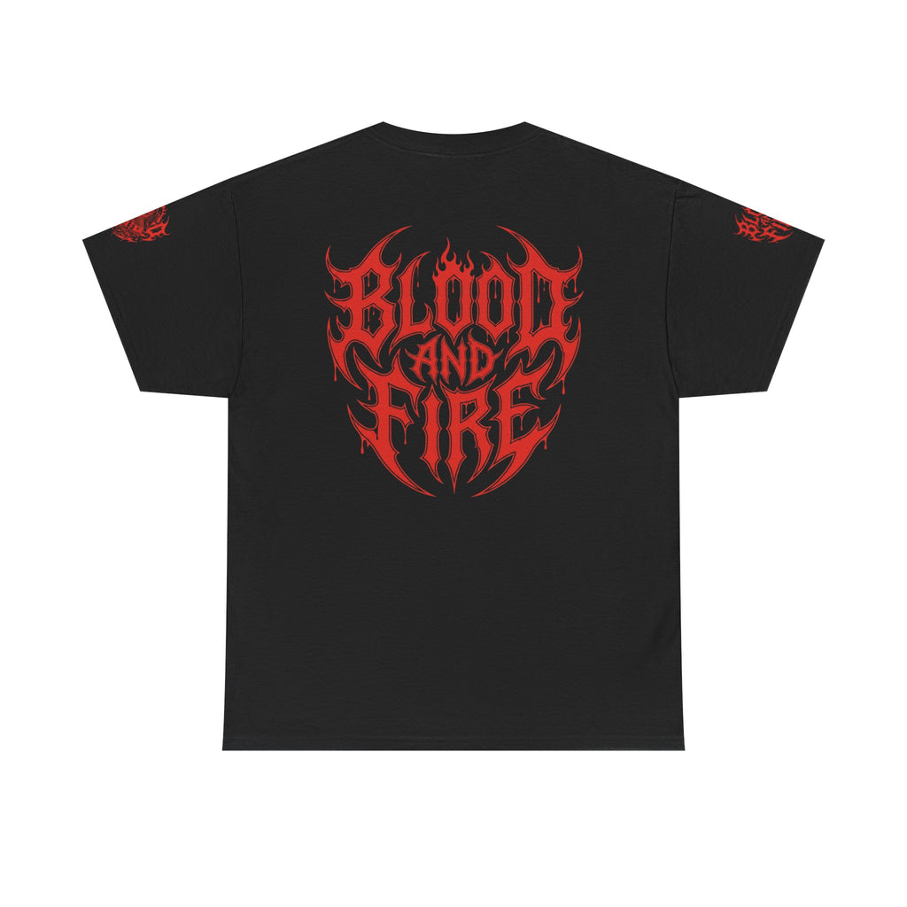 Blood and Fire Graphic Tee — Red Flame Skull Band Shirt