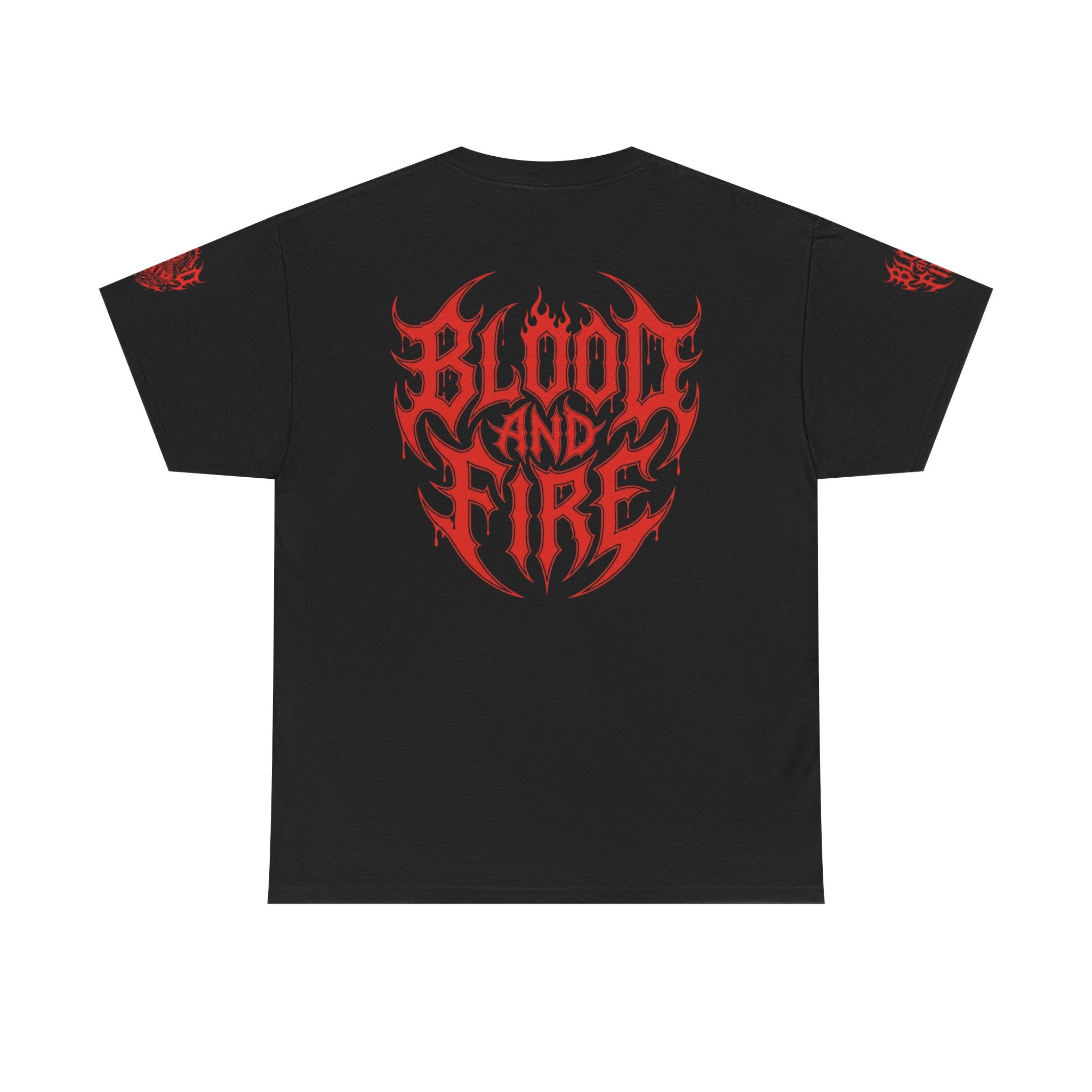 Blood and Fire Graphic Tee — Red Flame Skull Band Shirt