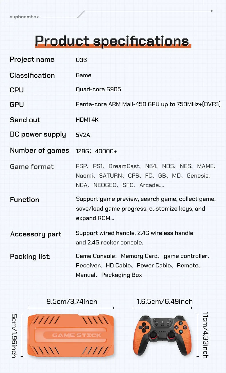 U36 Wireless Game Stick Retro Gaming Console S905 128G 50,000+ Games Support 40+ Classic Emulators For PS1/PSP 4K HDMI Kid Gifts
